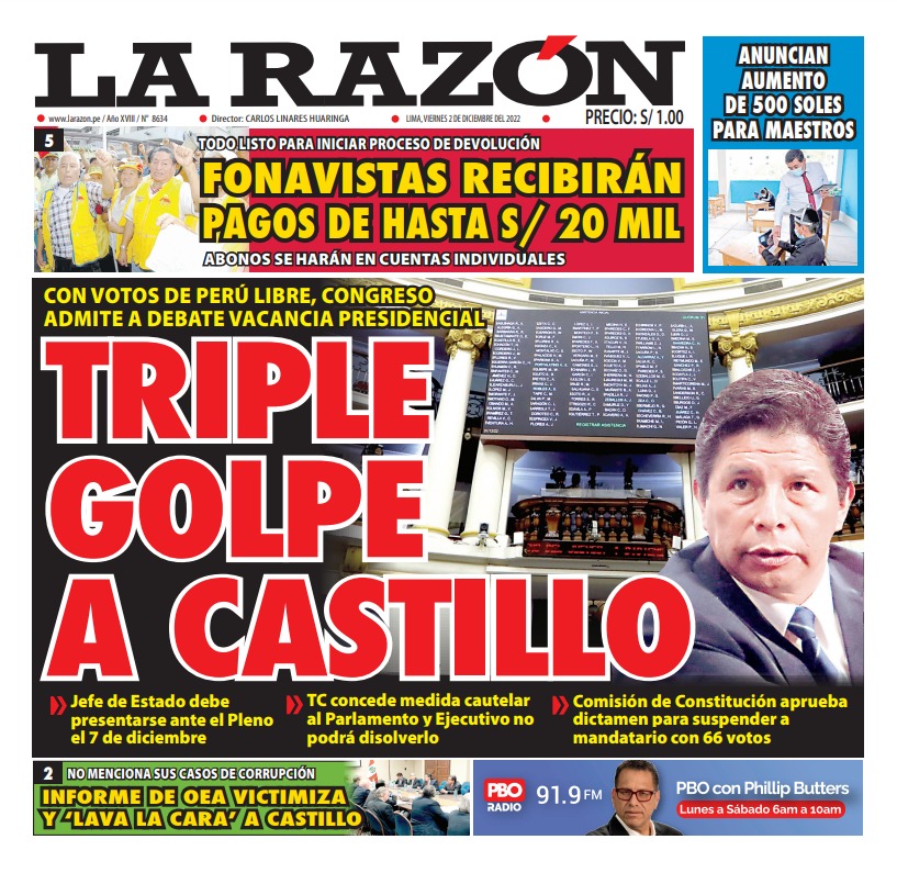 Portada impresa – Diario La Razón (02/12/2022)