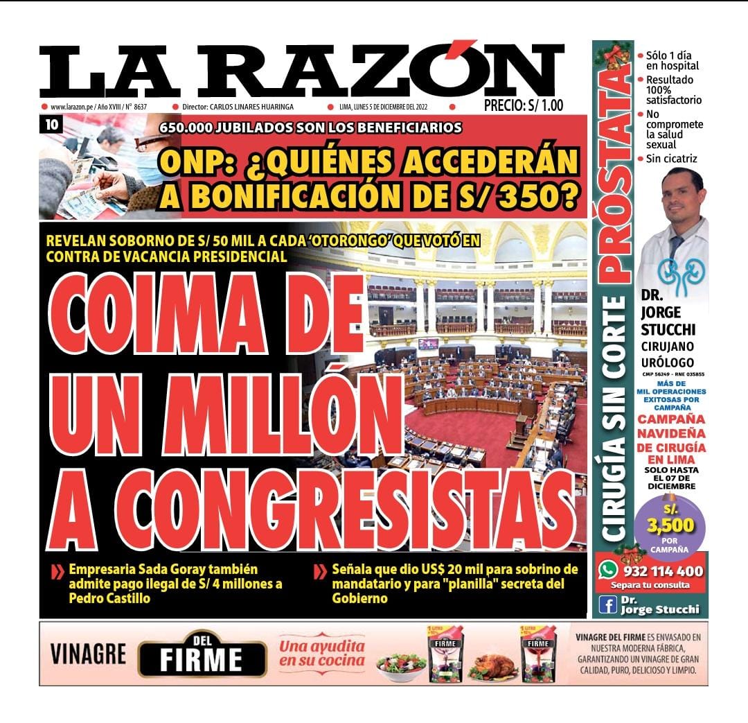 Portada impresa – Diario La Razón (05/12/2022)