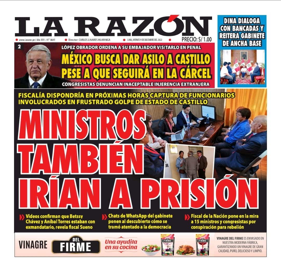 Portada impresa – Diario La Razón (09/12/2022)