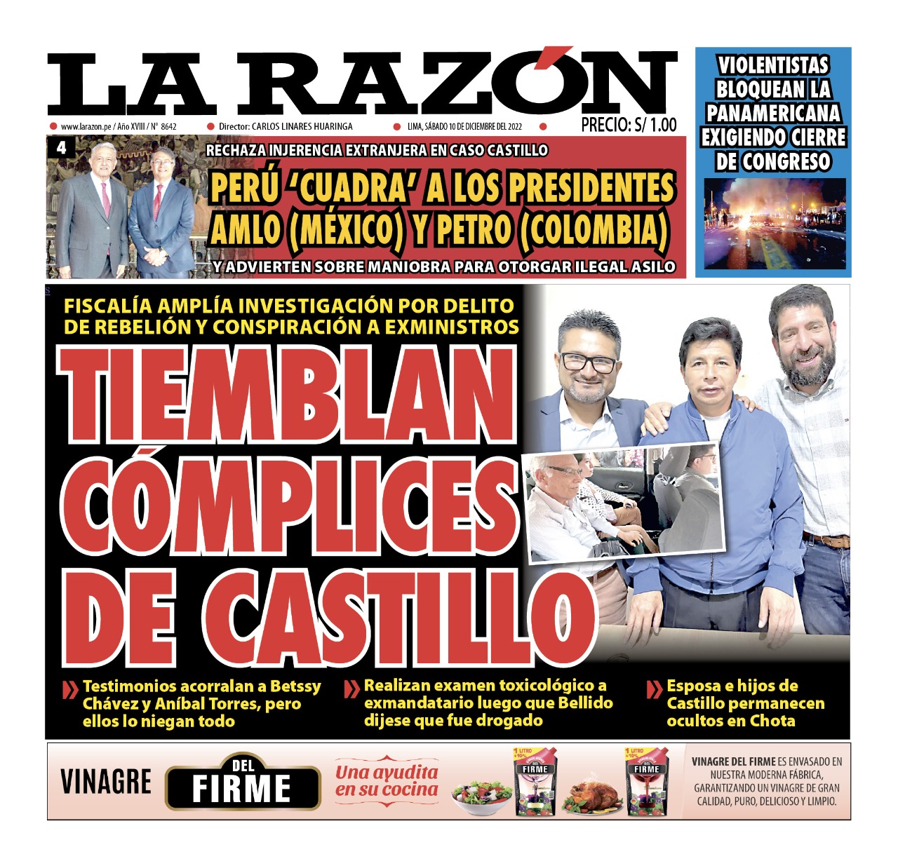Portada impresa – Diario La Razón 10-12-2022