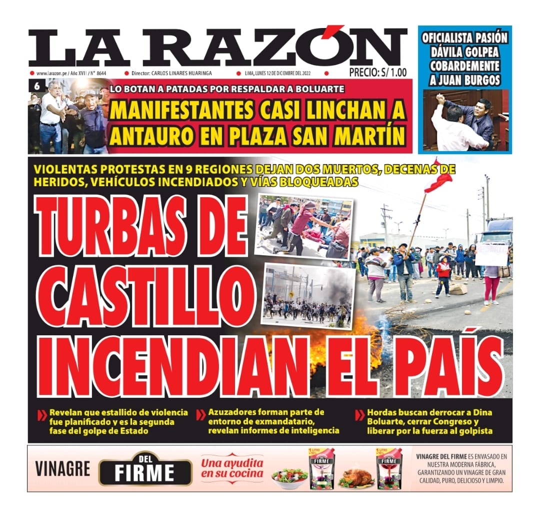 Portada impresa – Diario La Razón (12122022)