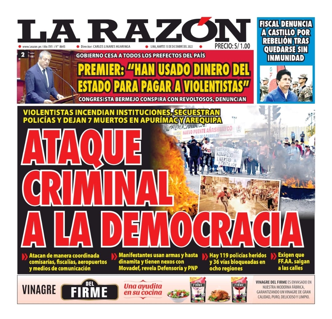 Portada impresa – Diario La Razón (13/12/2022)