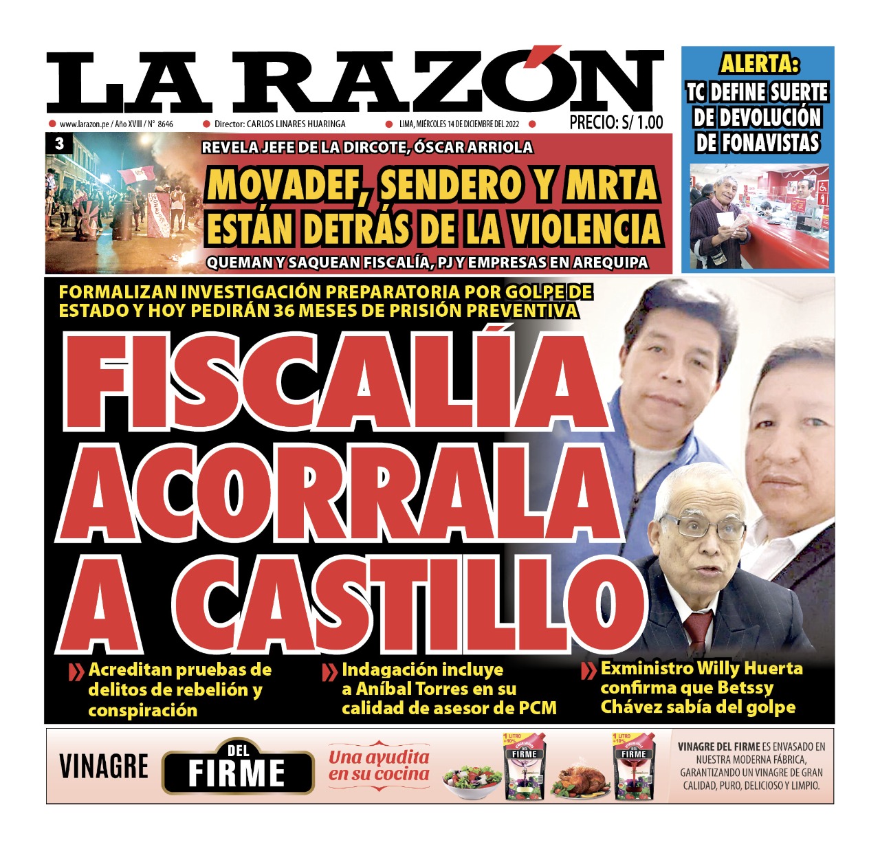 Portada impresa – Diario La Razón (14/12/2022)