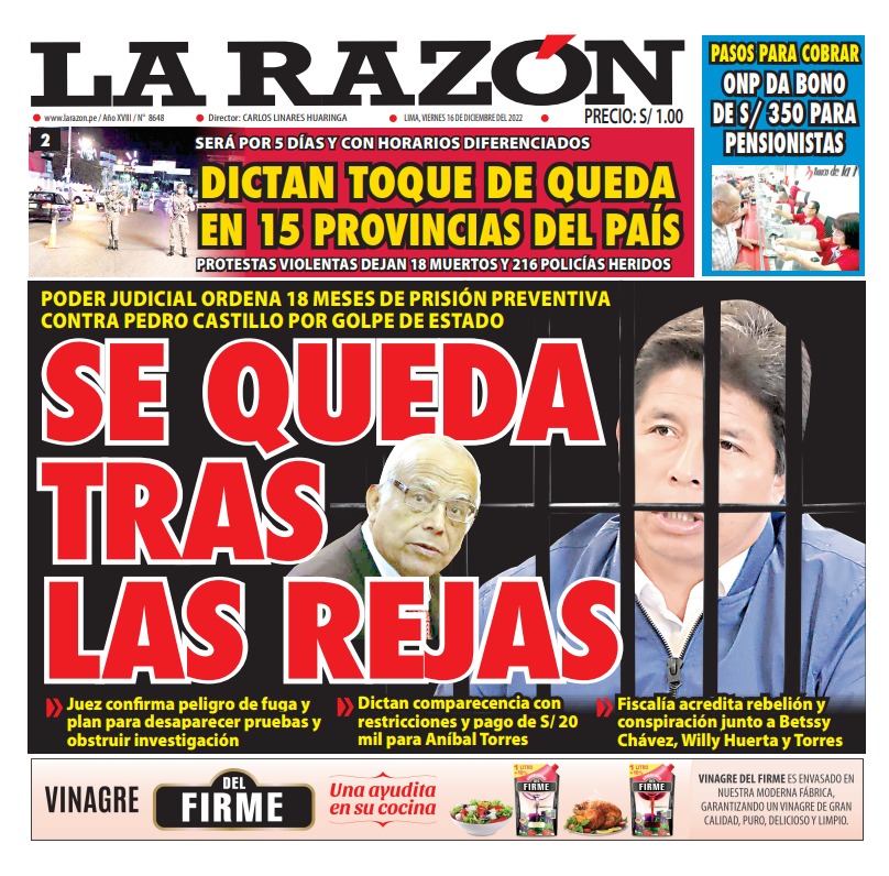 Portada impresa – Diario La Razón (16-12-2022)