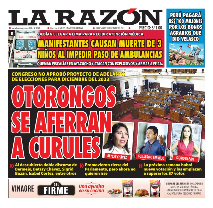 Portada impresa – Diario La Razón 17-12-2022