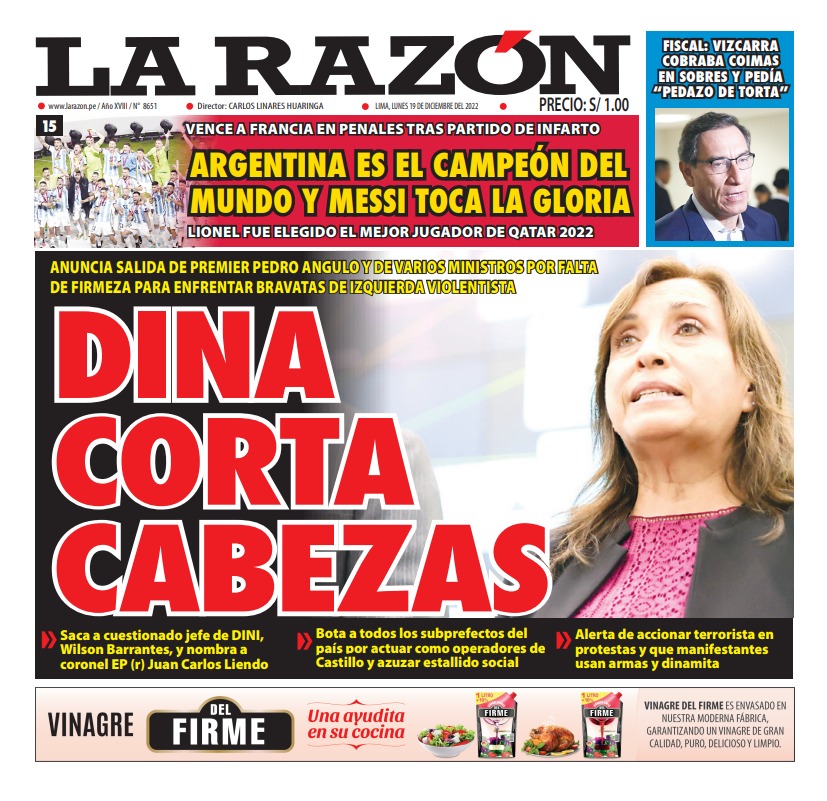 Portada impresa – Diario La  Razón (19/12/2022)