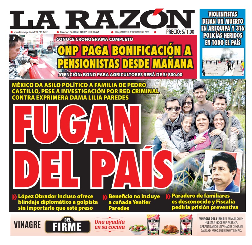 Portada impresa – Diario La Razón 20-12-2022