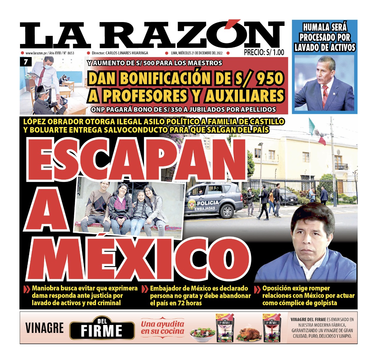 Portada impresa – Diario La Razón (21/12/2022)