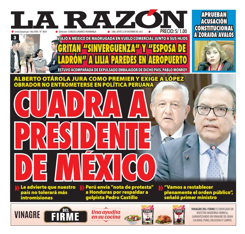 Portada impresa – Diario La Razón (22/12/2022)