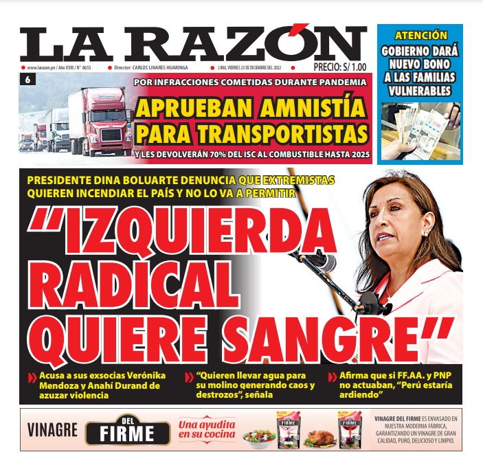 Portada impresa – Diario La Razón 23-12-2022