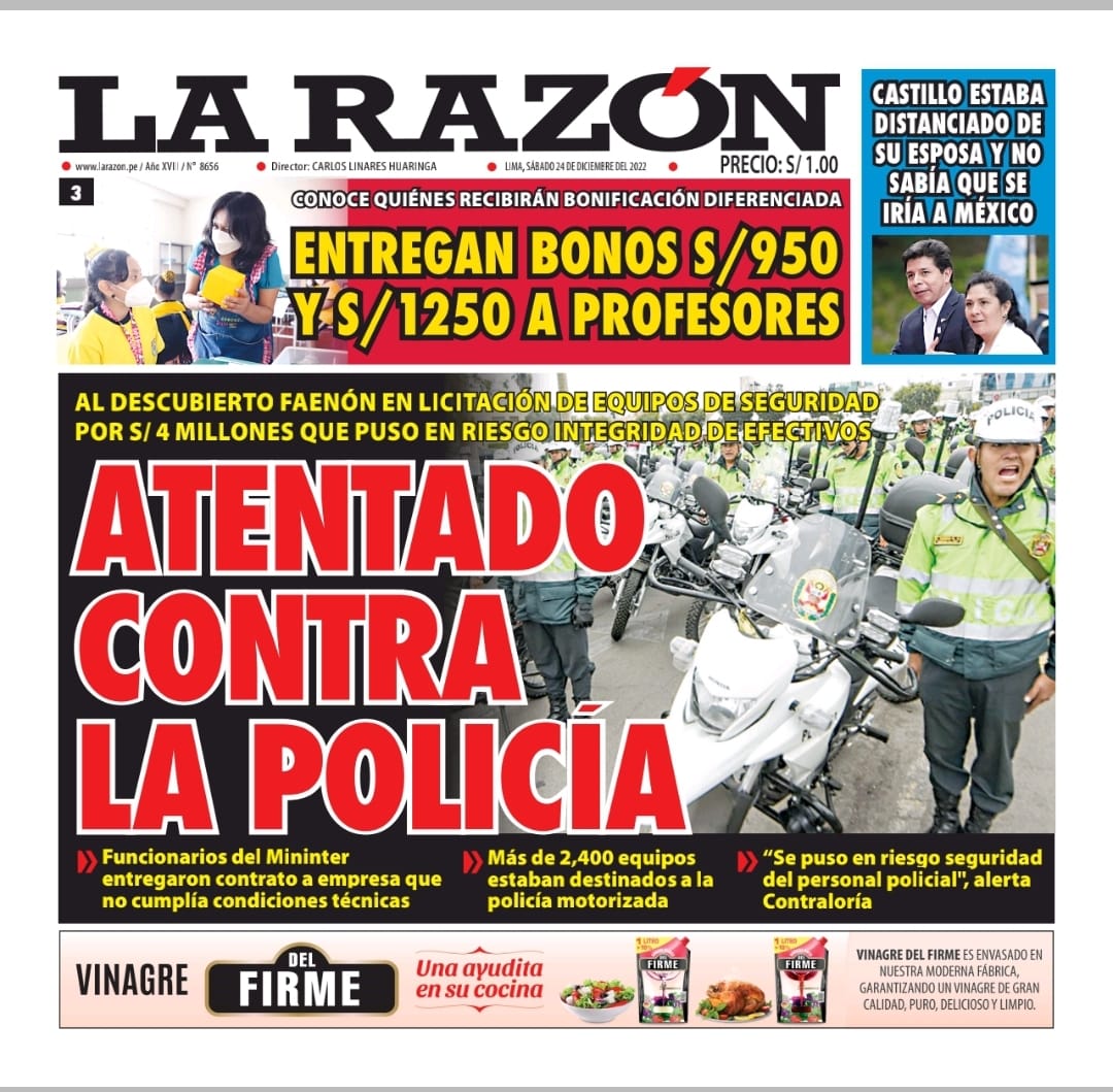Portada impresa – Diario La Razón (24/12/2022)