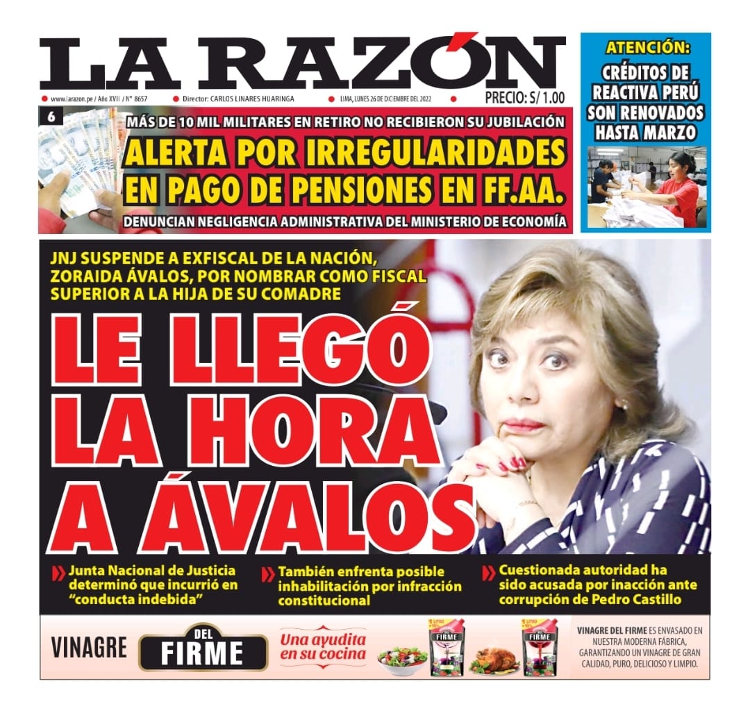 Portada impresa – Diario La Razón (26/12/2022)