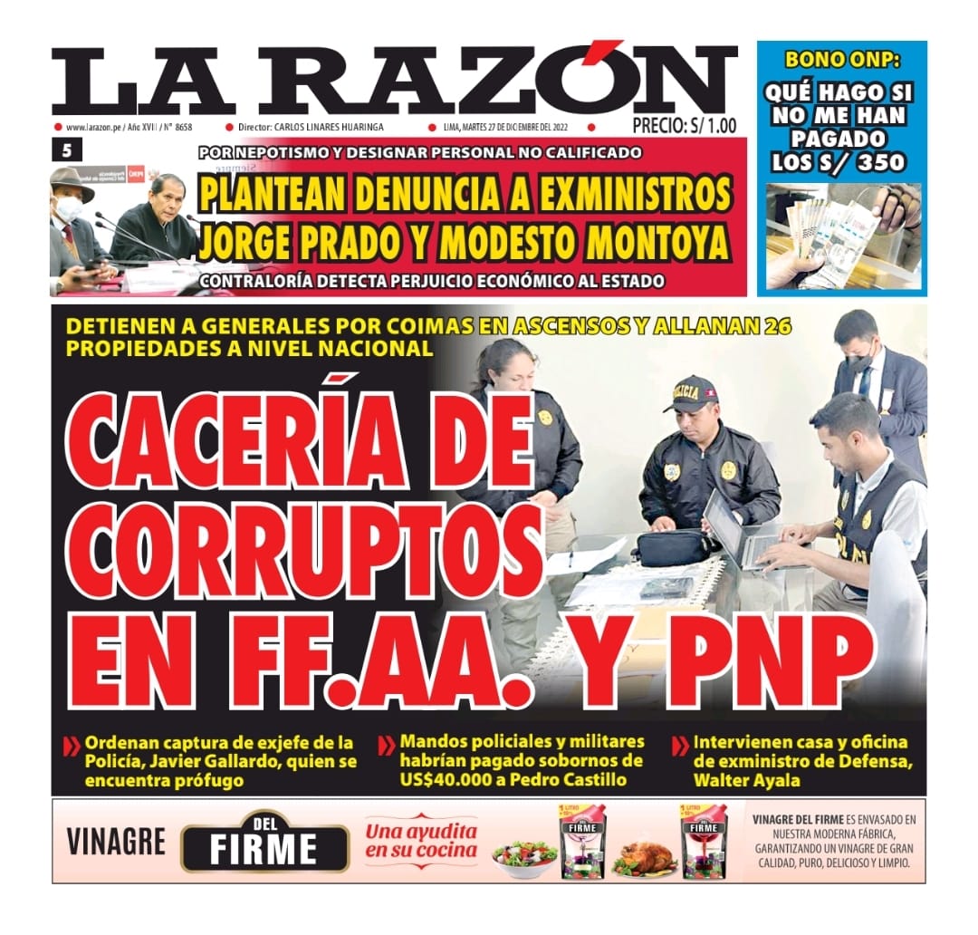 Portada impresa – Diario La Razón 27-12-2022