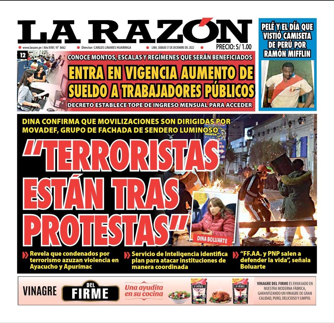 Portada impresa – Diario La Razón (31/12/2022)