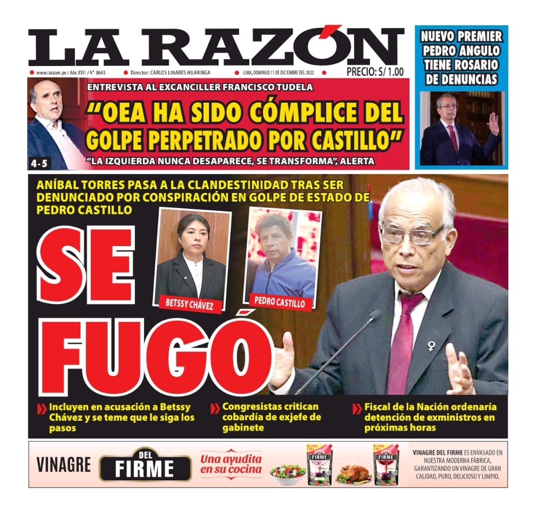 Portada impresa –La Razón (11-12-2022)