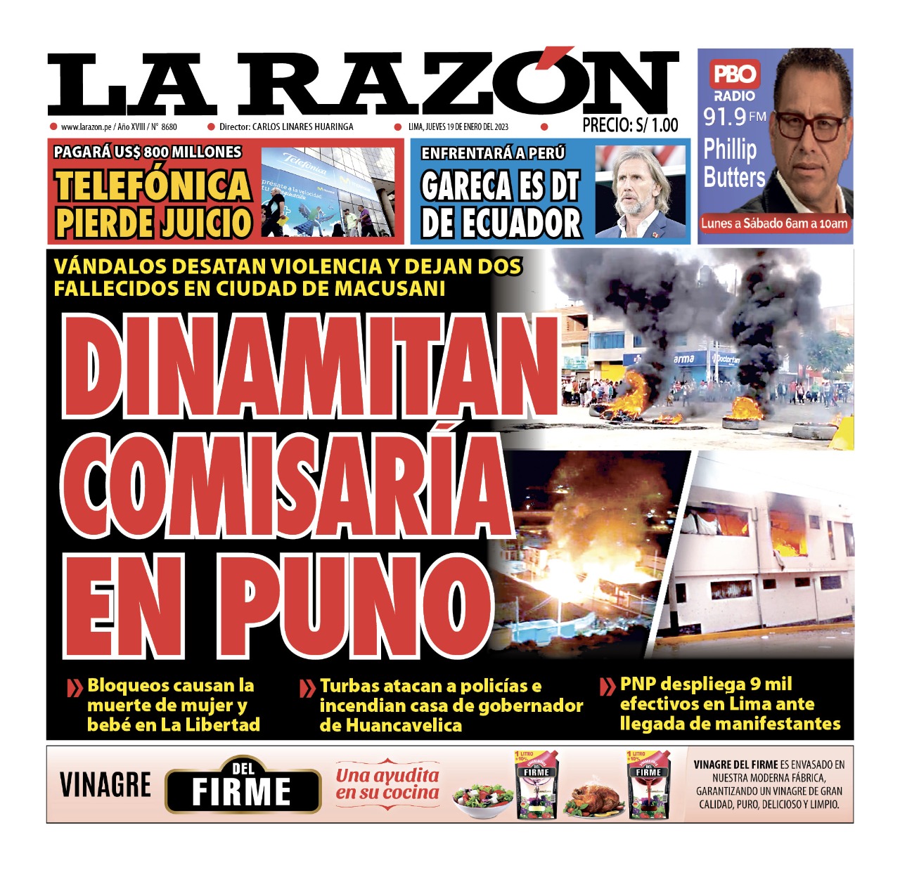Portada impresa – Diario La Razón (19/01/2023) - La Razón