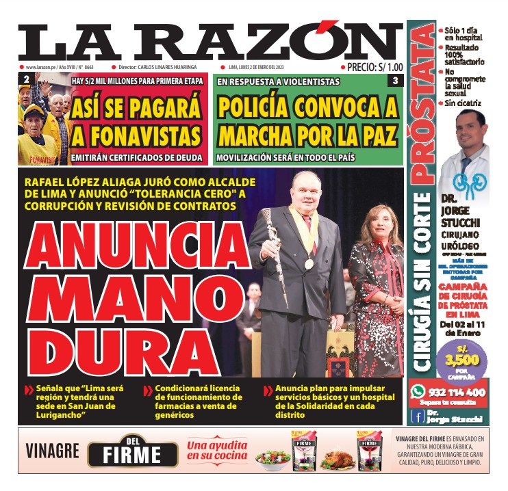 Portada impresa – Diario La Razón 01-01-2023