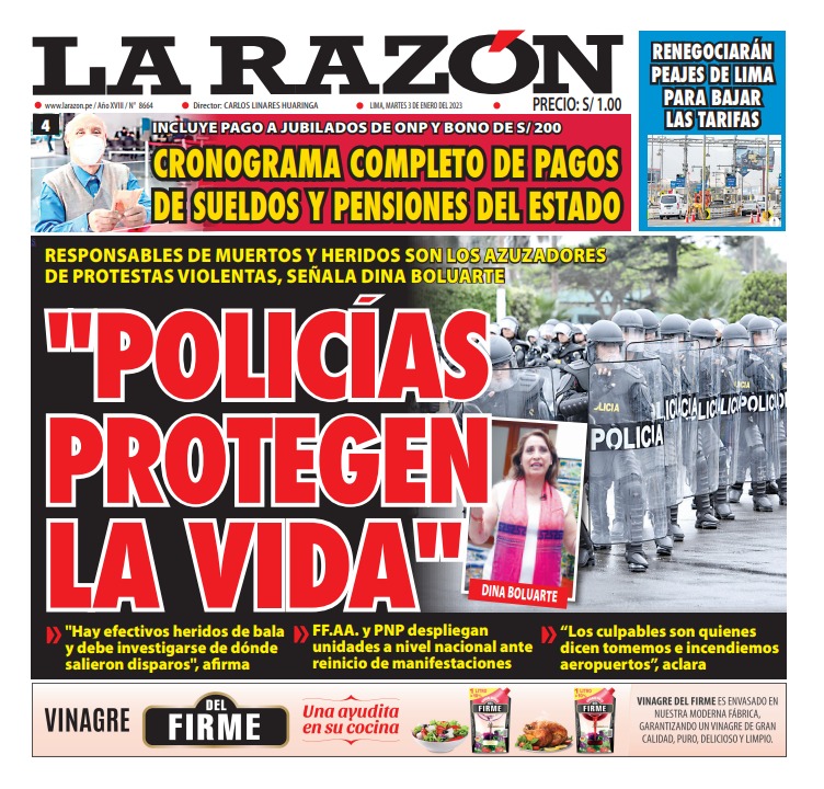 Portada impresa – Diario La Razón (03/01/2023)