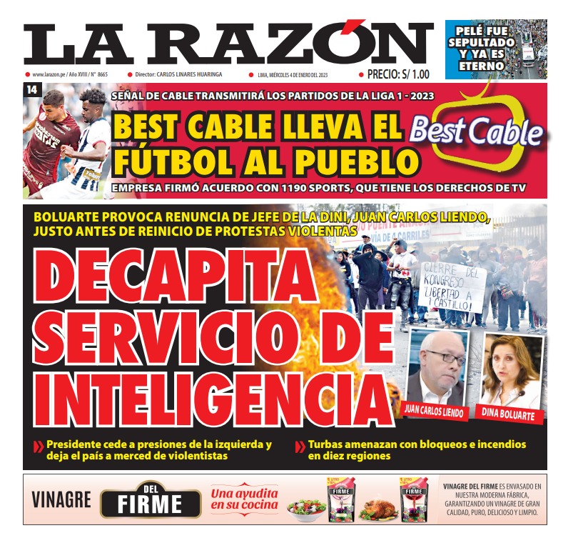 Portada impresa – Diario La Razón (04/01/2023)