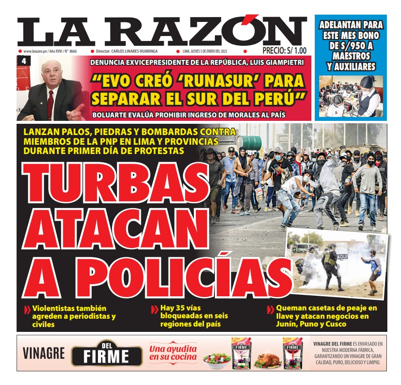 Portada impresa – Diario La Razón 05-01-2023