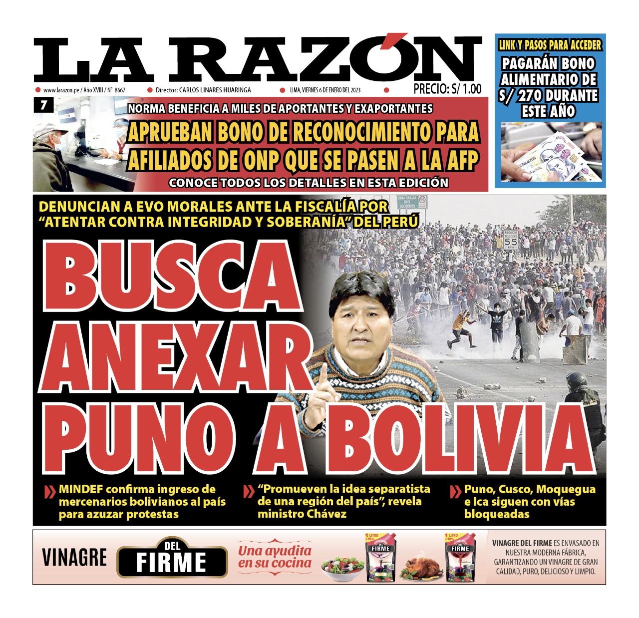 Portada impresa – Diario La Razón 06-01-2023