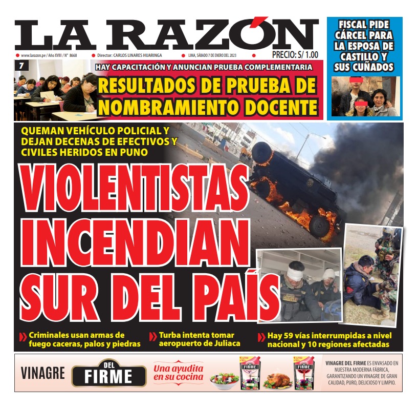 Portada impresa – Diario La Razón (07/01/2023)