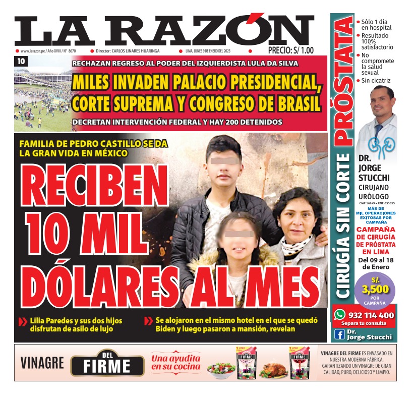 Portada impresa – Diario La Razón 09-01-2023