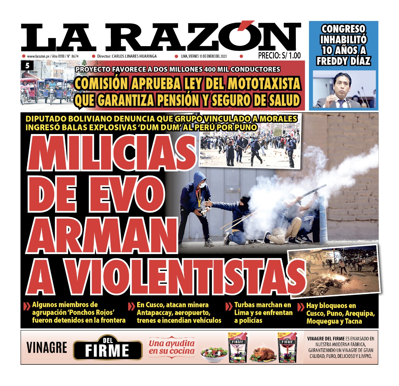 Portada impresa – Diario La Razón (13/01/2023)