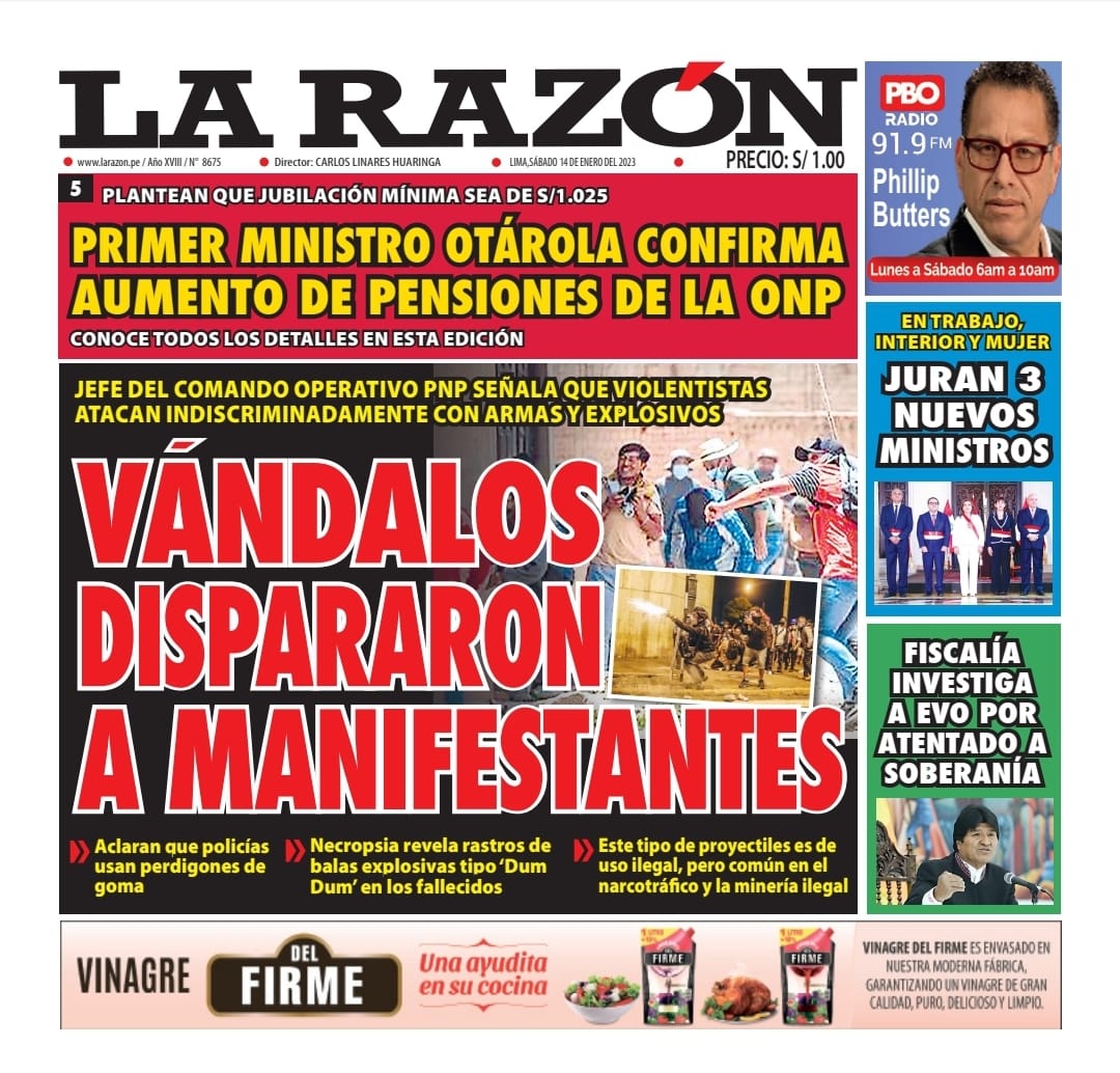 Portada impresa – Diario La Razón 14-01-2023