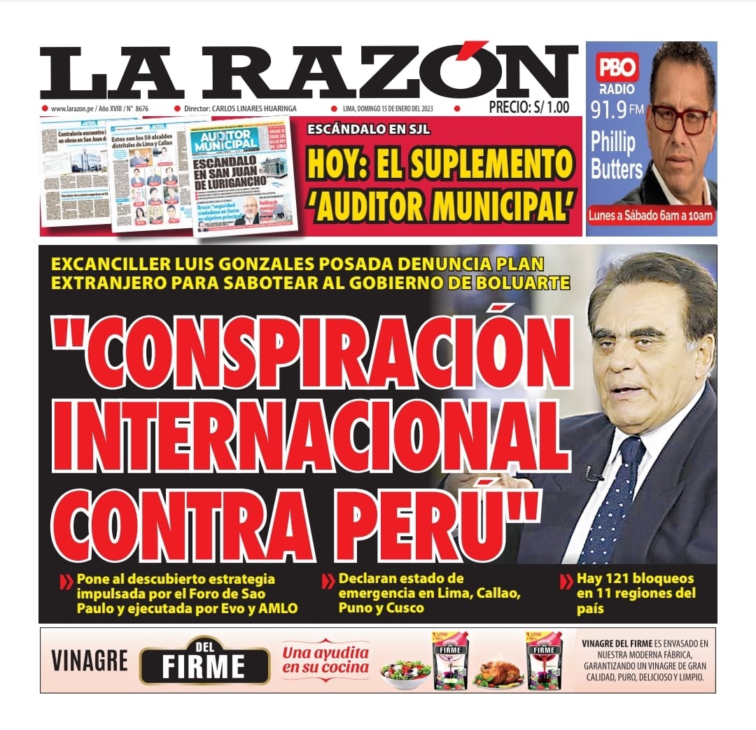 Portada impresa – Diario La Razón (15-01-2023)