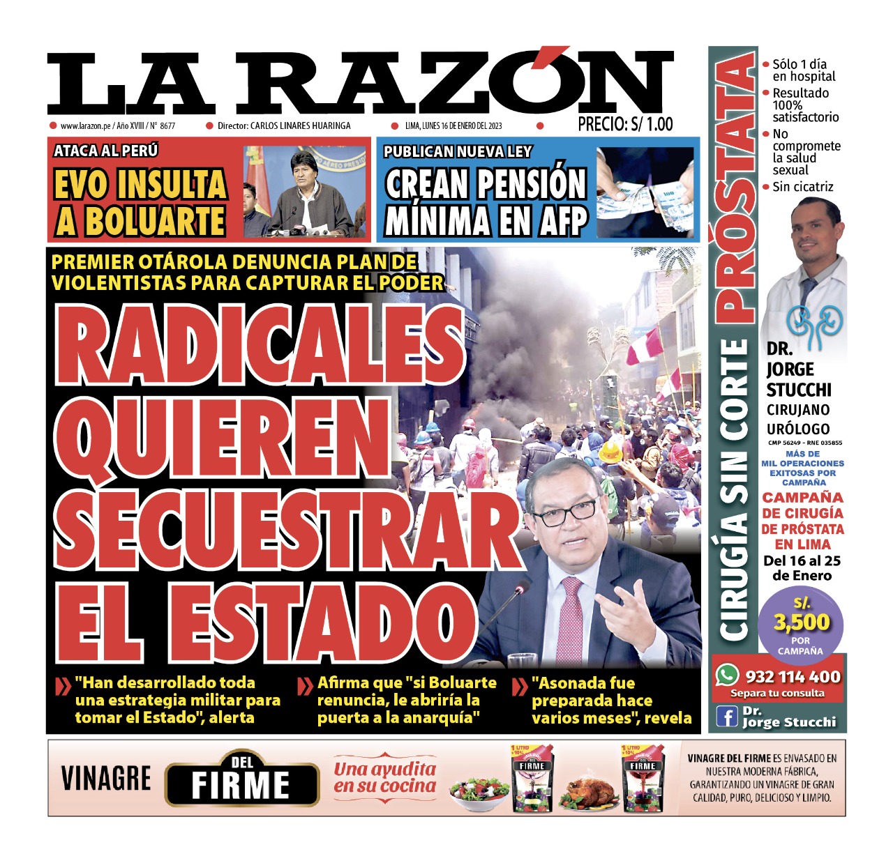 Portada impresa – Diario La Razón (16012023)