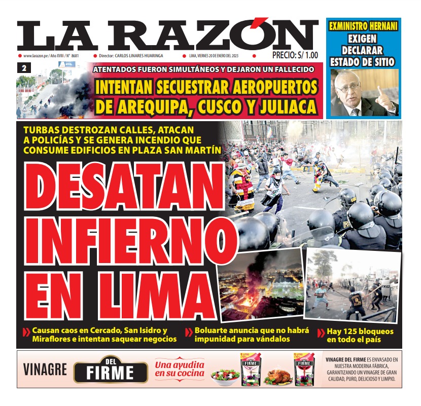 Portada impresa – Diario La Razón 20-01-2023