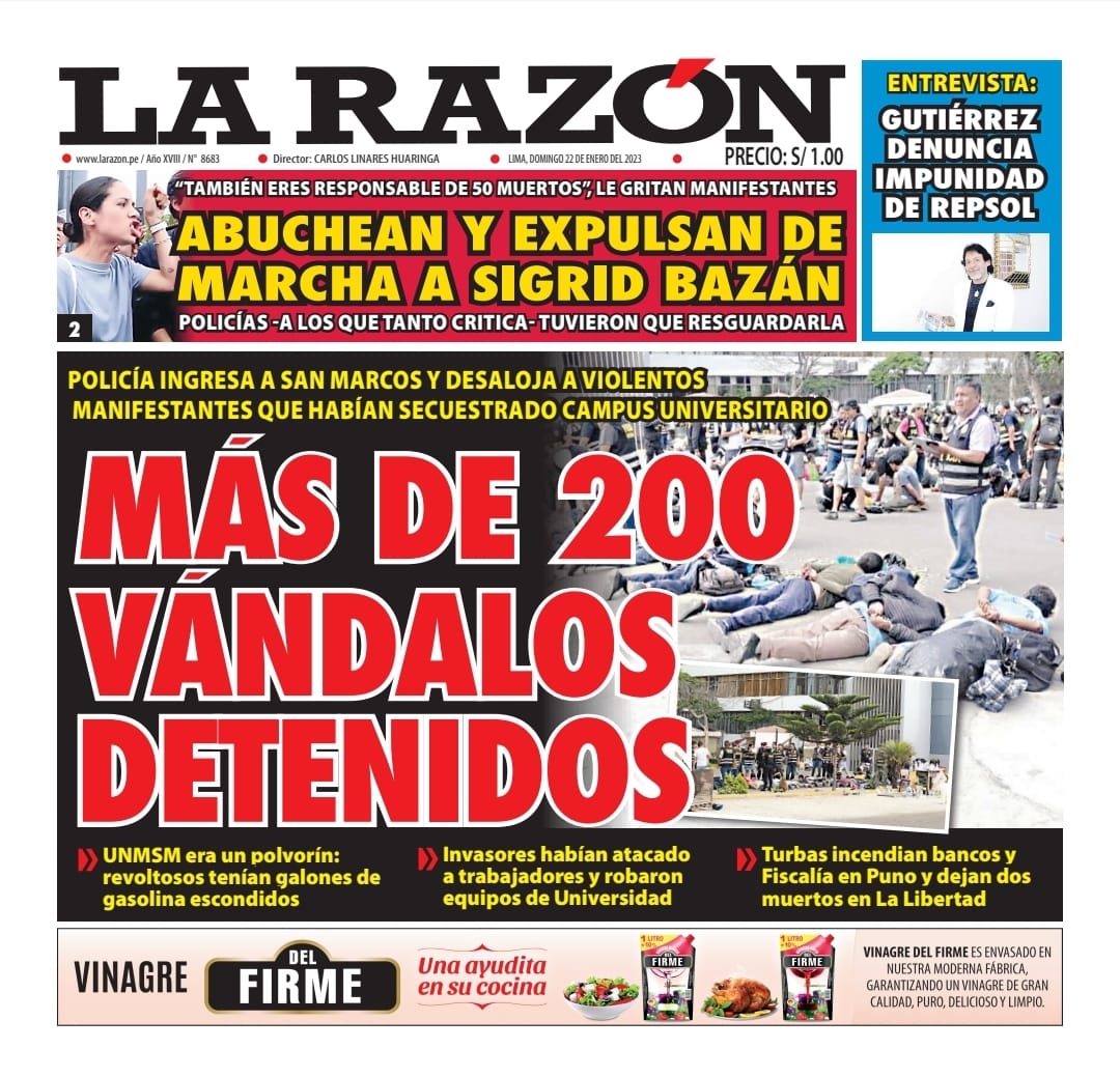 Portada impresa – Diario La Razón (22012023)