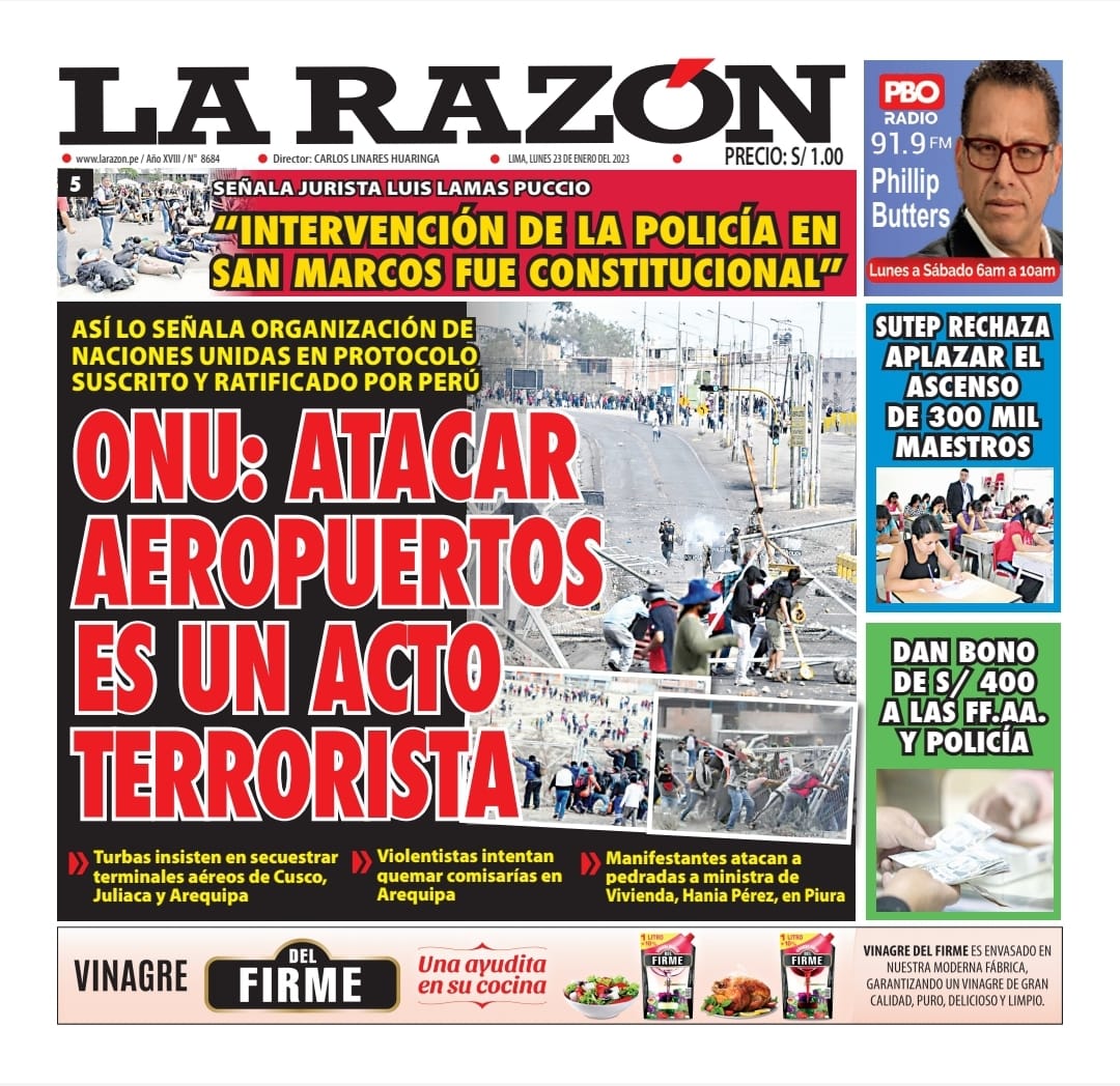 Portada impresa – Diario La Razón (23/01/2023)
