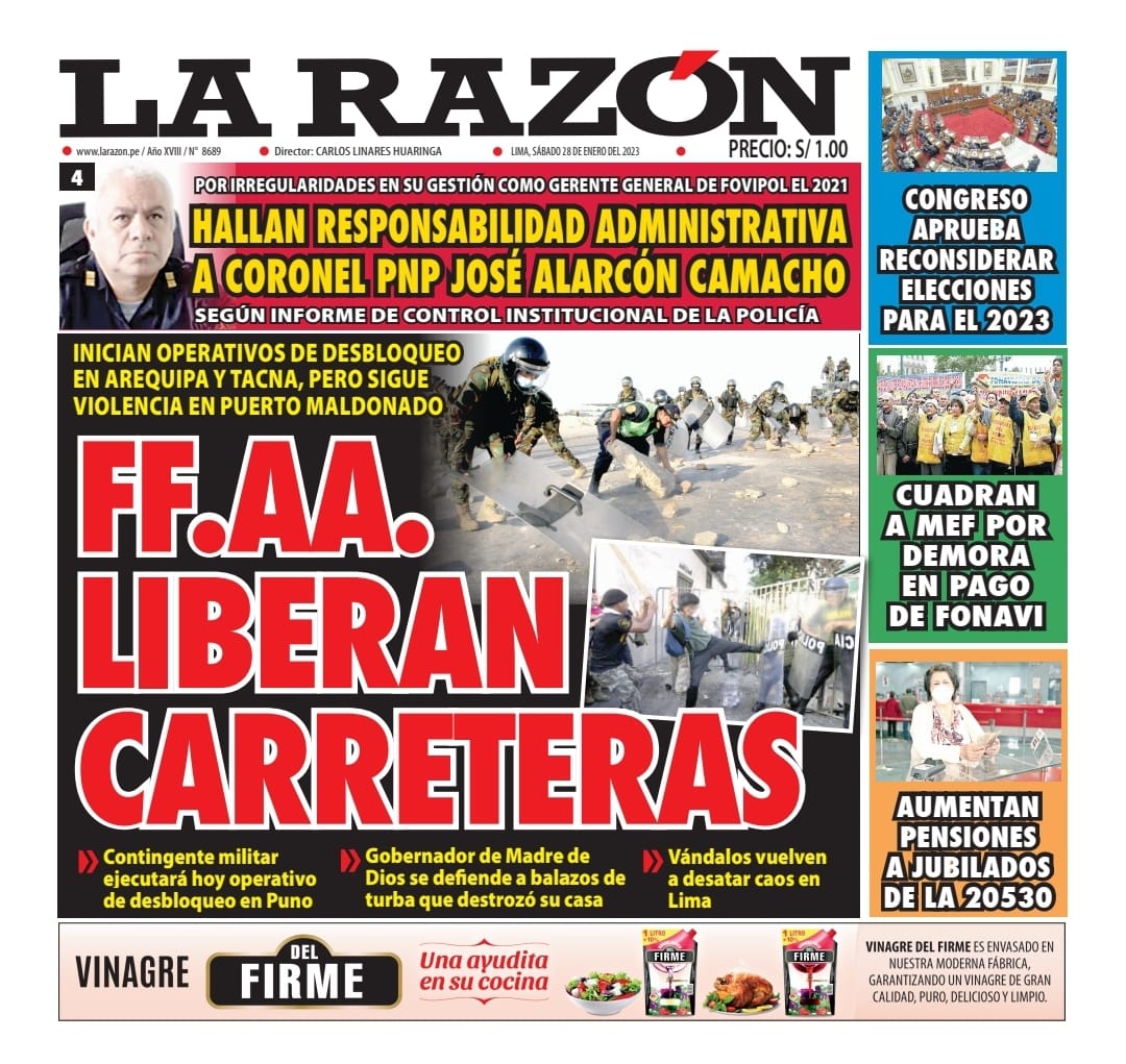 Portada impresa – Diario La Razón 28-01-2023