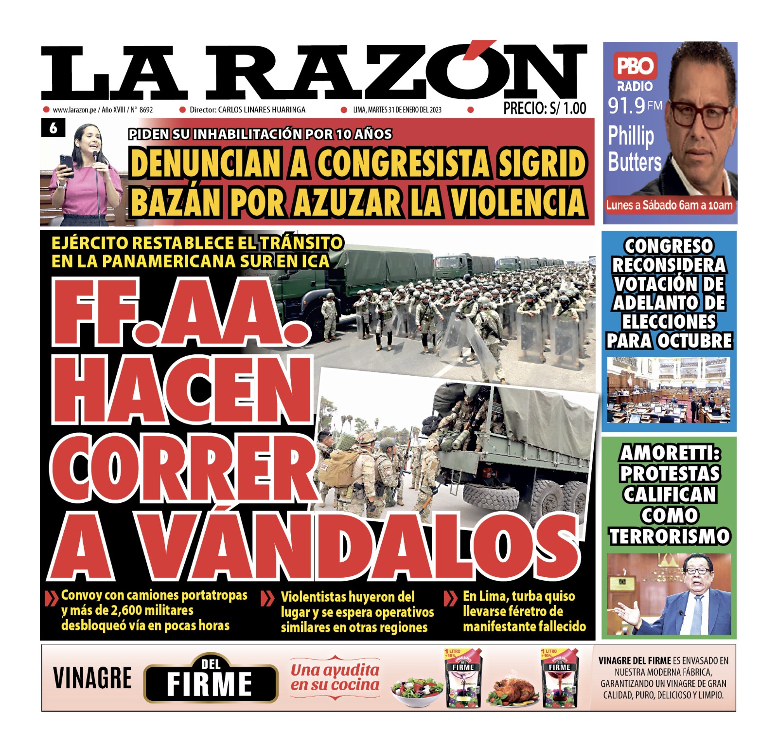 Portada impresa – Diario La Razón (31/01/2023)