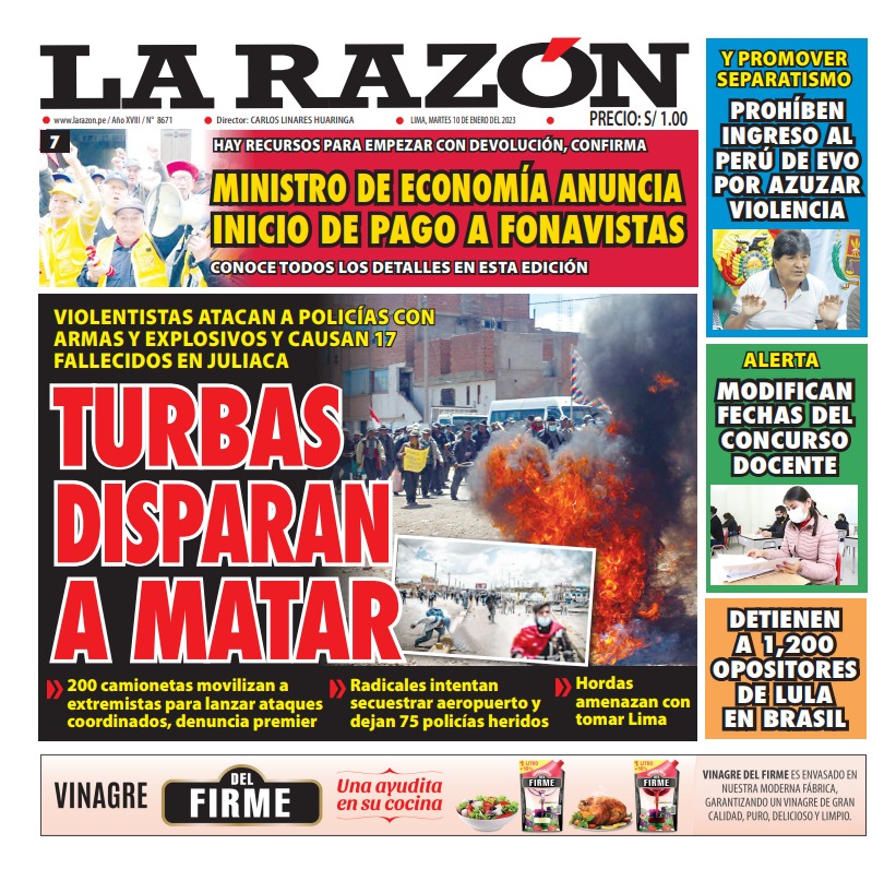 Portada impresa – Diario La Razón (10/01/2023)