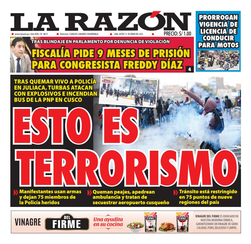 Portada impresa – Diario La Razón (12/01/2023)