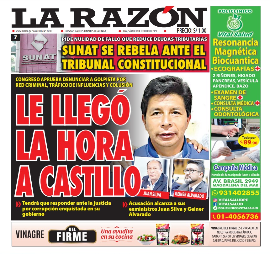 Portada Impresa – Diario La Razón 18-02-2023