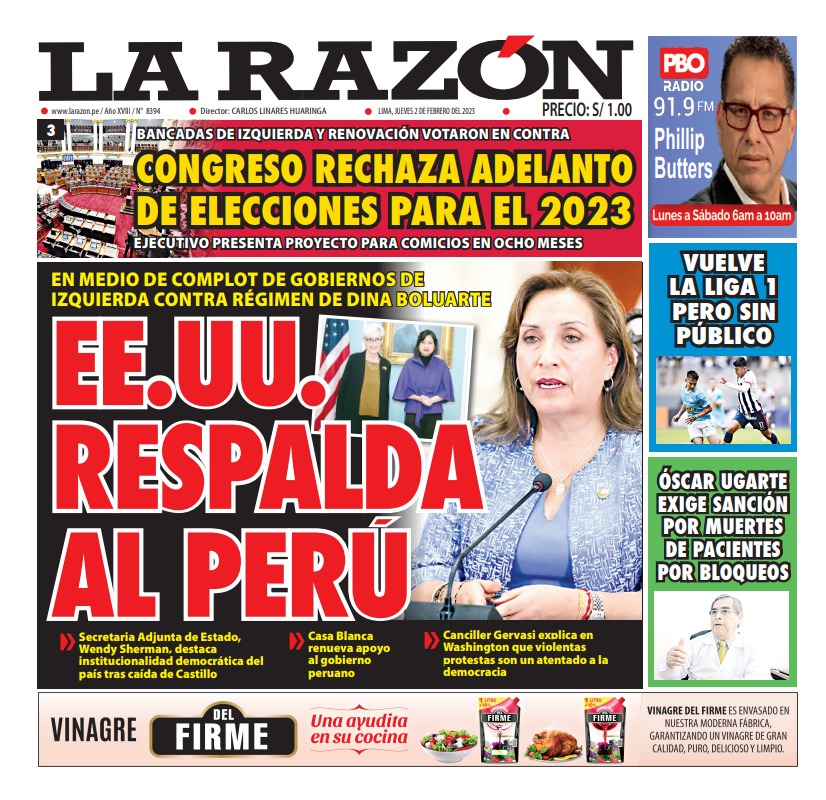 Portada impresa – Diario La Razón 02-02-2023