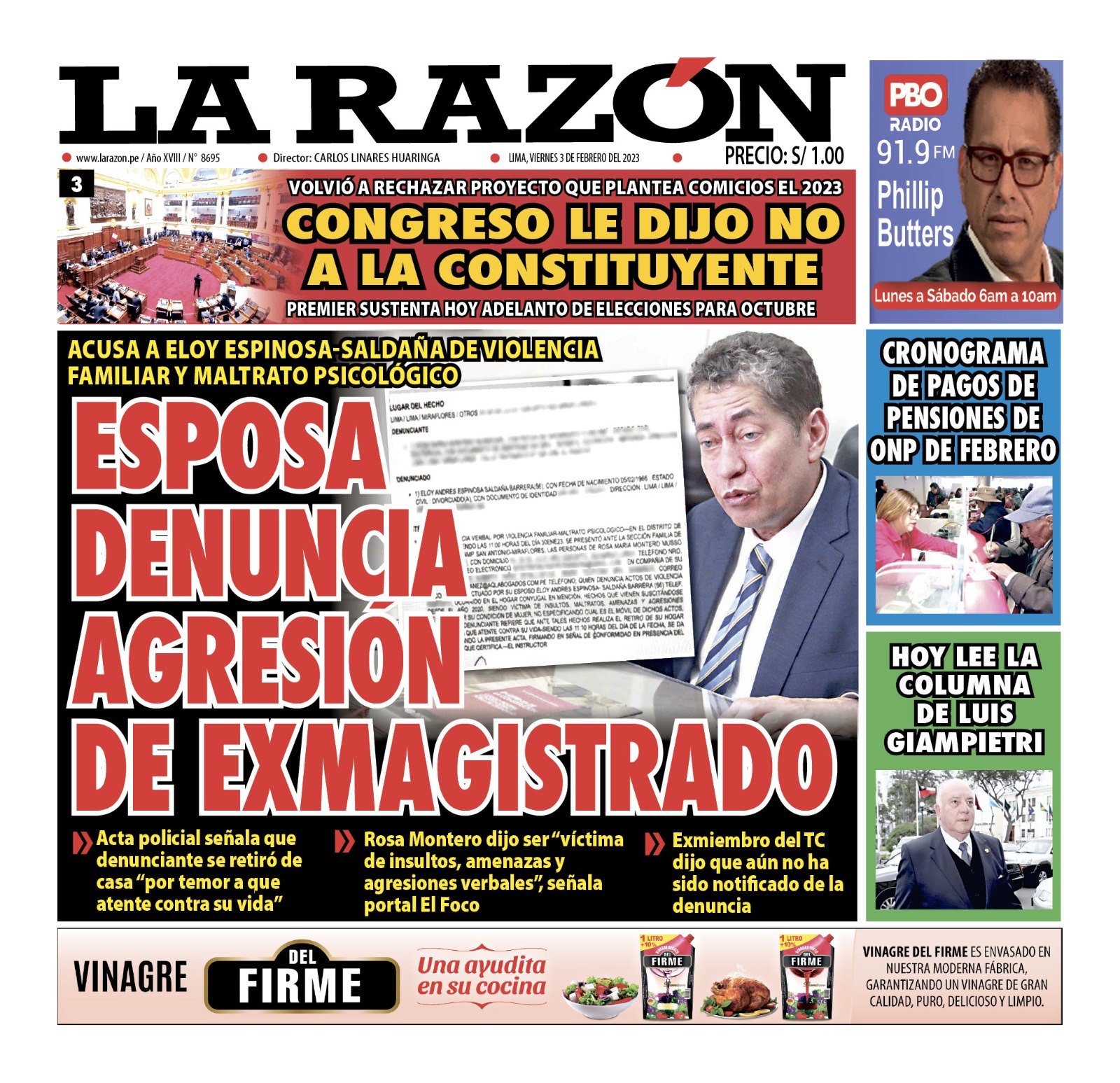 Portada impresa – Diario La Razón (03/02/2023)