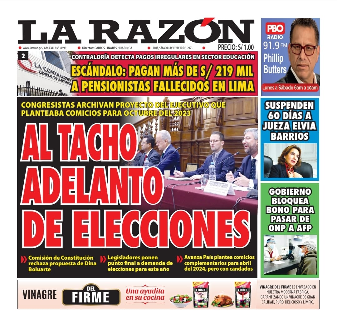 Portada impresa – Diario La Razón (04/02/2023)