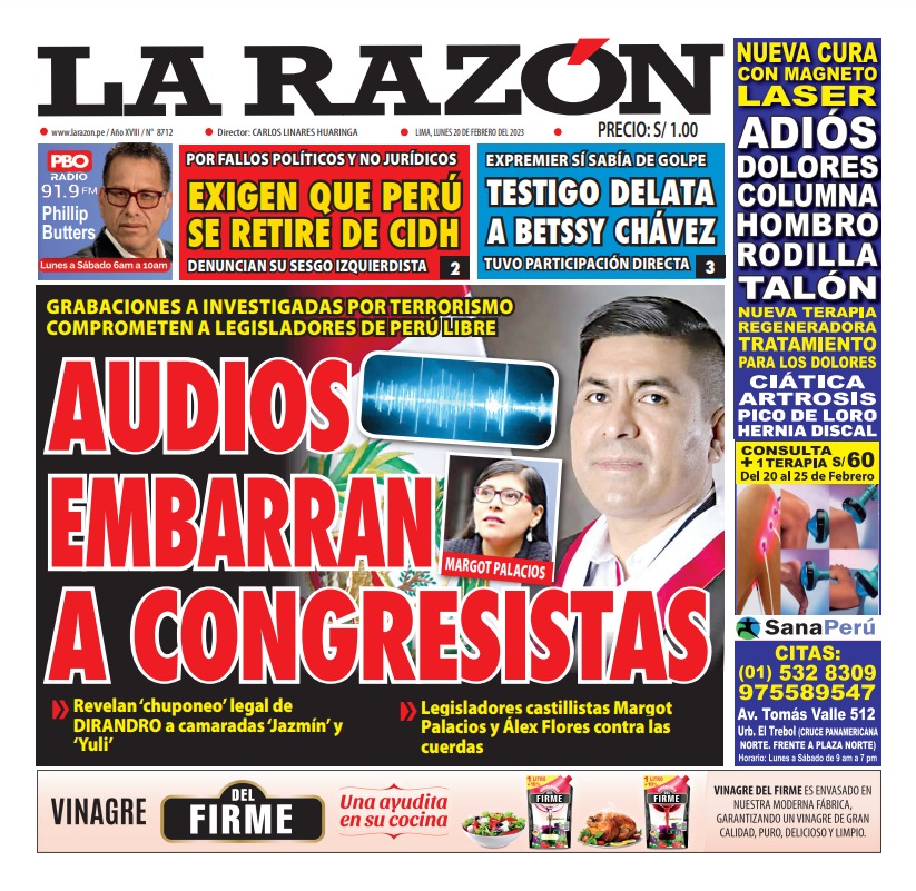Portada impresa – Diario La Razón 20-02-2023