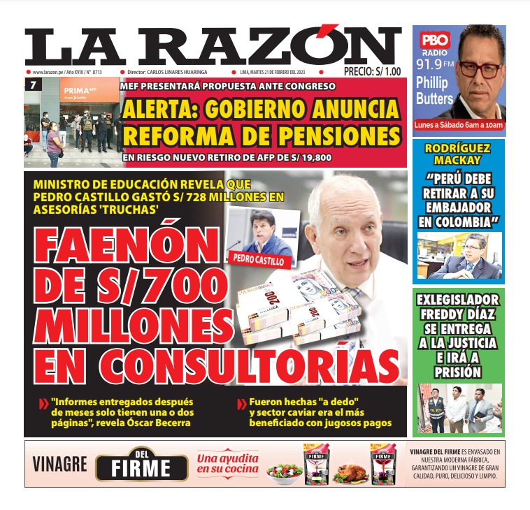 Portada impresa – Diario La Razón (21/02/2023)