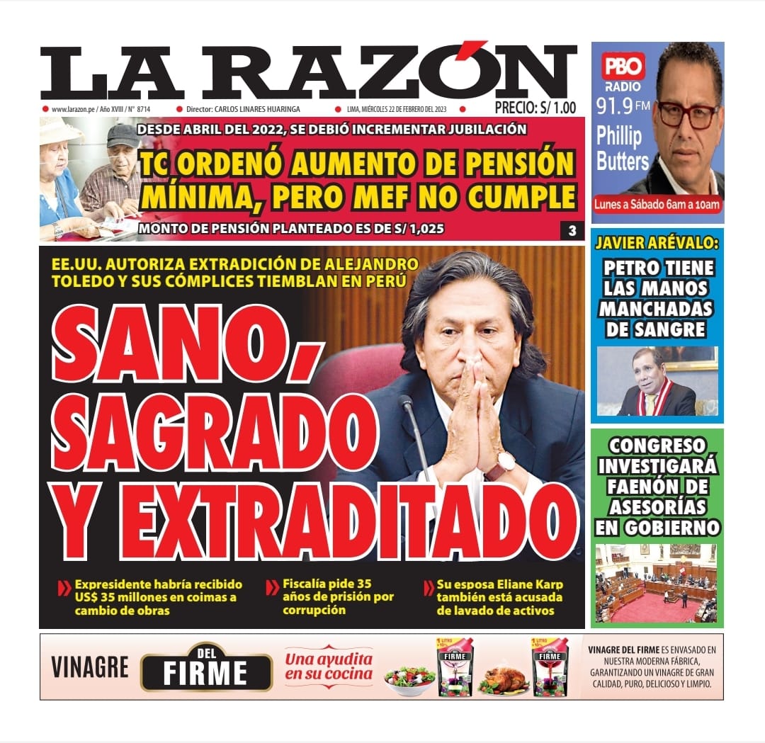 Portada impresa – Diario La Razón 22-02-2023
