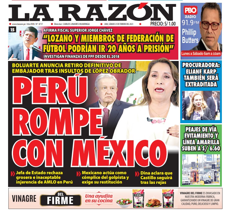 Portada impresa – Diario La Razón (25/02/2023)