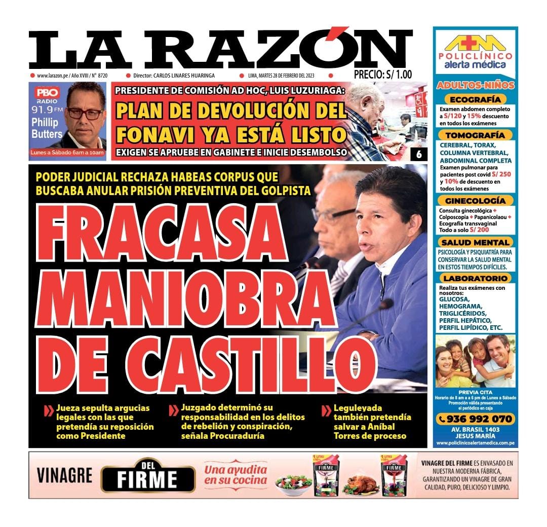 Portada impresa – Diario La Razón (28/02/2023)