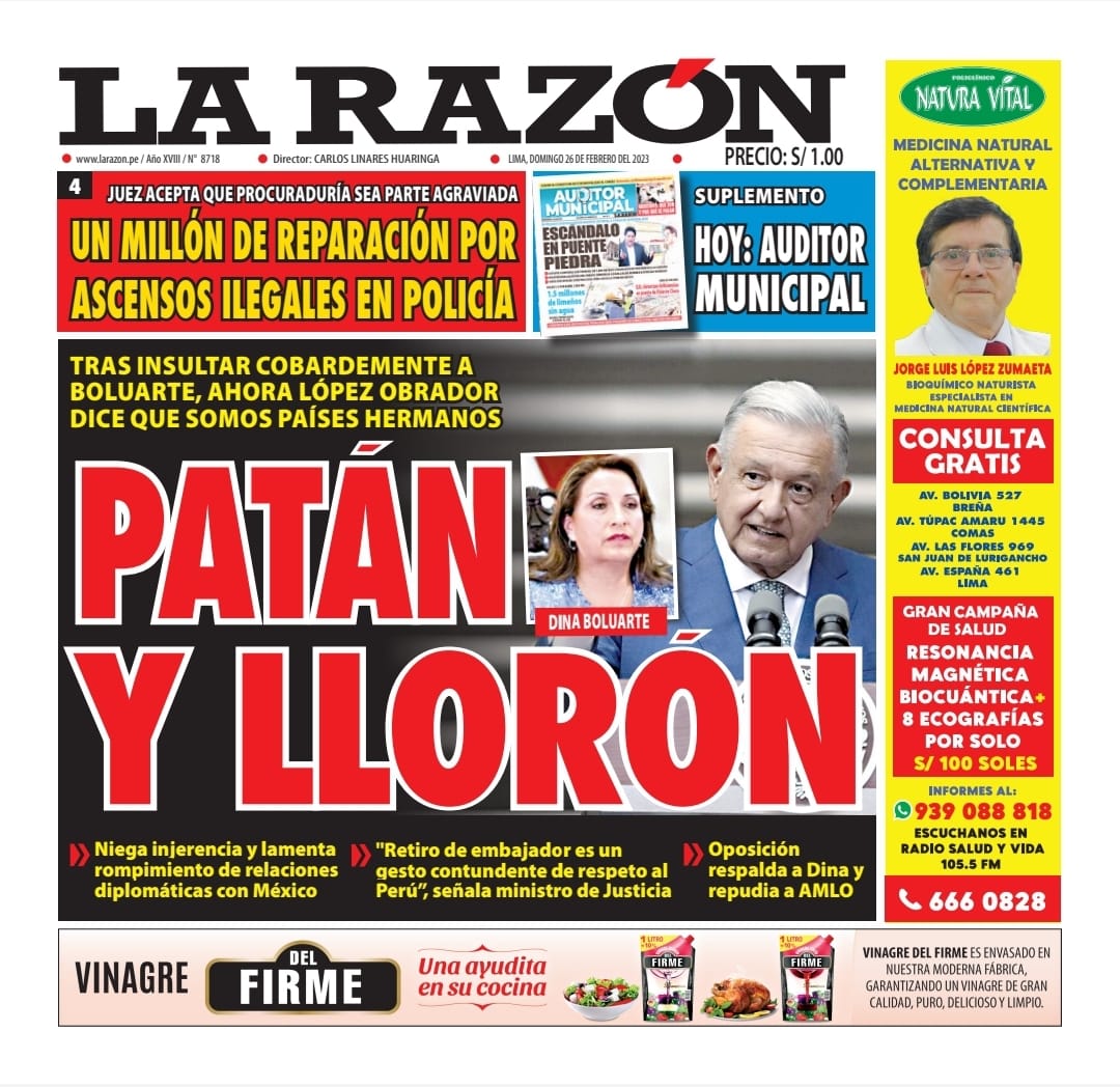 Portada impresa – Diario La Razón (26/02/2023)