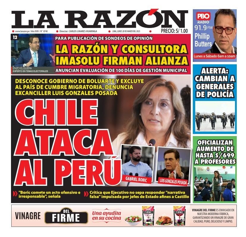 Portada impresa – Diario La Razón (20/03/2023) - La Razón