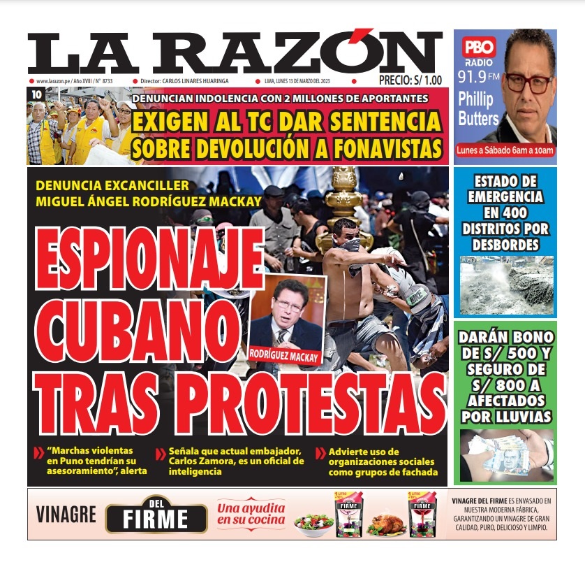 Portada impresa – Diario La Razón (13/03/2023)